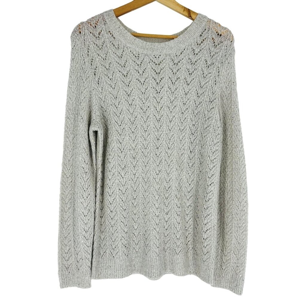 Talbots Gray Silver Metallic Sequin Embellished Long Sleeve Crew Neck Sweater M